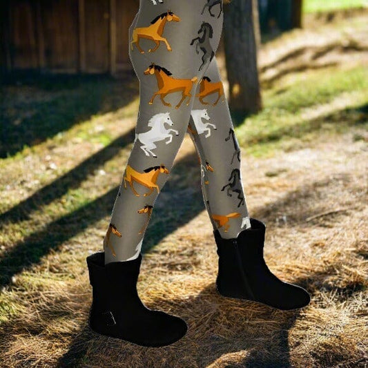 Girls Horse Leggings Kids Yoga Pants Brown/Gray Sizes S/L Leggings MomMe and More 