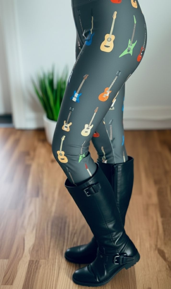 Womens Guitar Leggings - High Waisted - Buttery Soft - Gray/Multi Leggings MomMe and More 