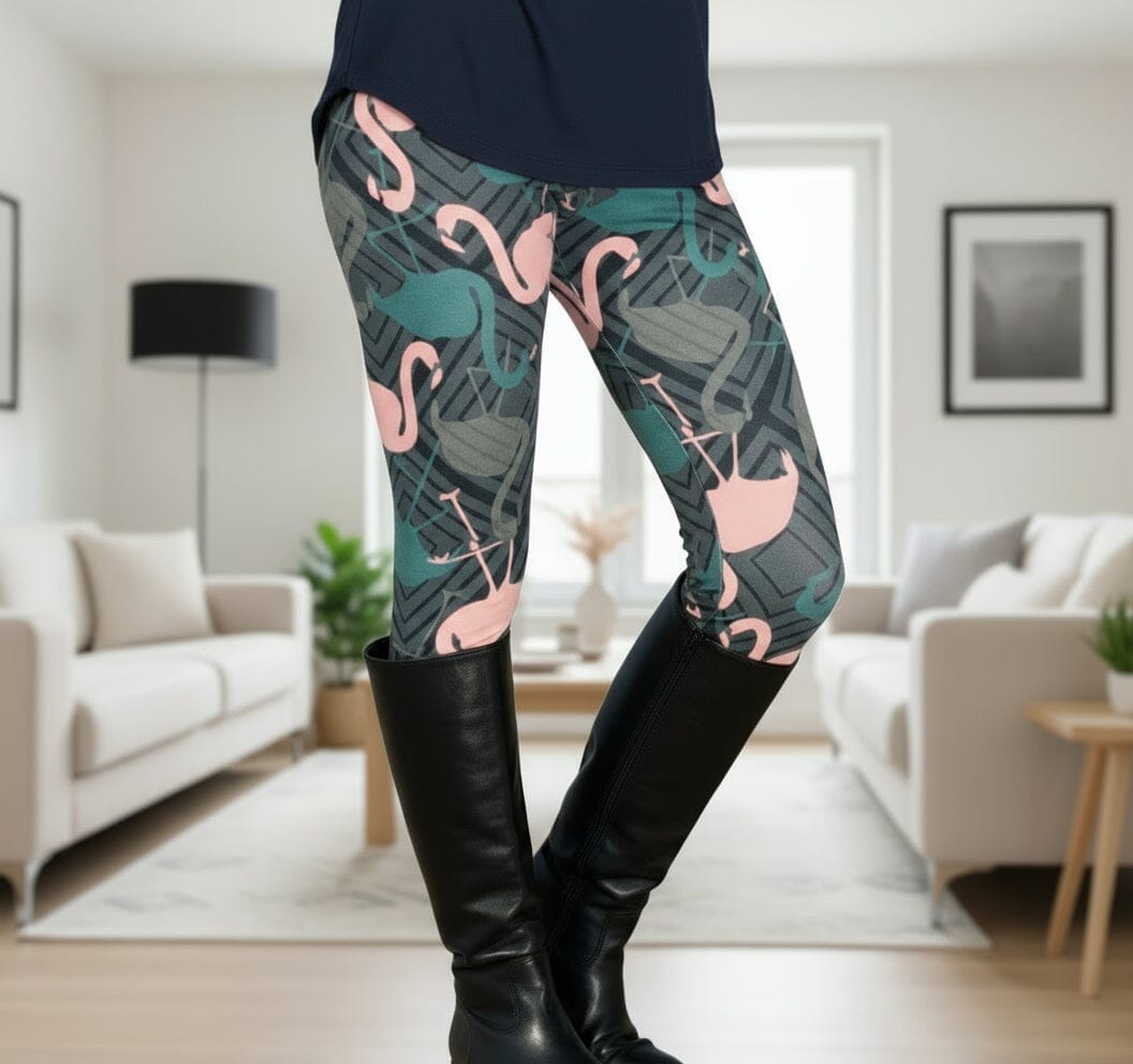 Womens Pink Flamingo Leggings - High Waisted - Luxury Soft Yoga Pants - Gray/Pink Leggings MomMe and More S Gray Yoga Waist