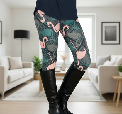 Womens Pink Flamingo Leggings - High Waisted - Luxury Soft Yoga Pants - Gray/Pink Leggings MomMe and More S Gray Yoga Waist