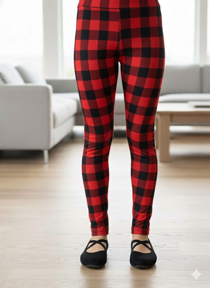 Girls Red Plaid Christmas Leggings - High Waisted - Buttery Soft Yoga Pants - Red/Black Leggings MomMe and More 