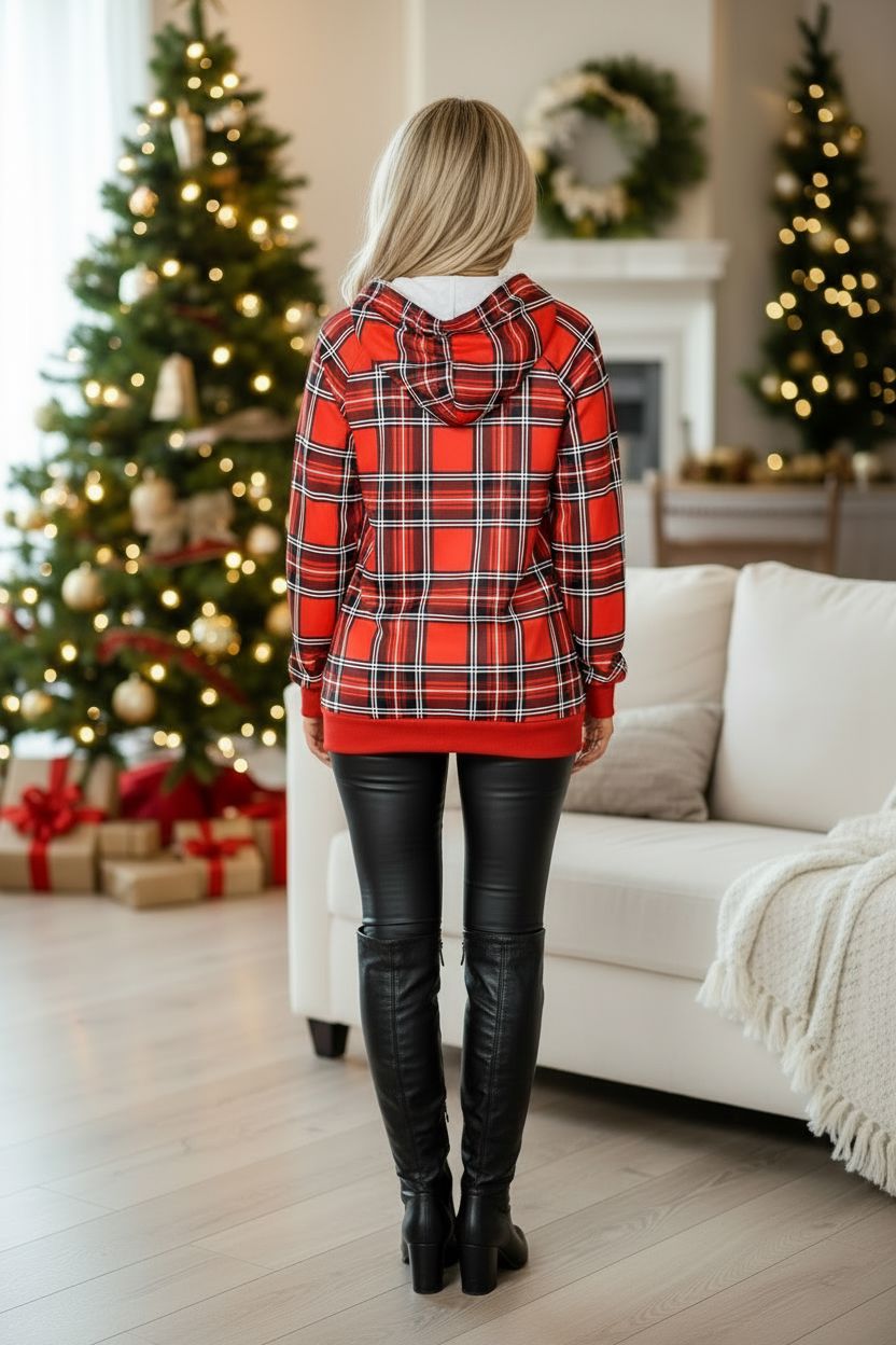 Womens Red Plaid Hoodie - Double Hooded Christmas Top Tops MomMe and More 