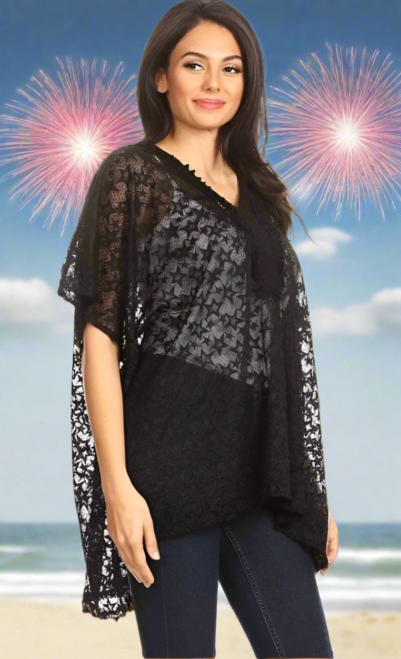 Womens 4th of July Star Top, Black Lace Swim Cover, Pull Over Kimono, Black kimono MomMe and More 