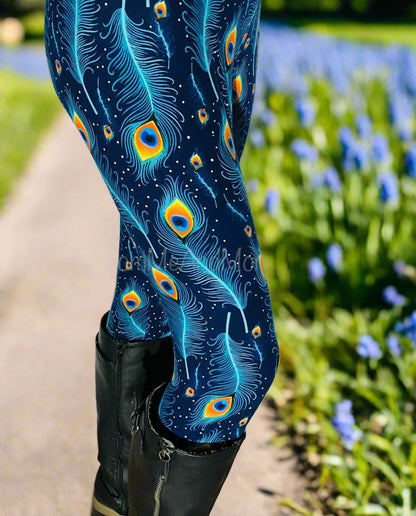 Womens Peacock Leggings, Soft Yoga Pants, Sizes 0-18, Blue/Orange, No-Roll Waist Leggings MomMe and More 
