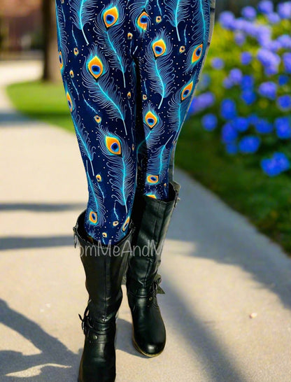 Womens Peacock Leggings, Soft Yoga Pants, Sizes 0-18, Blue/Orange, No-Roll Waist Leggings MomMe and More 
