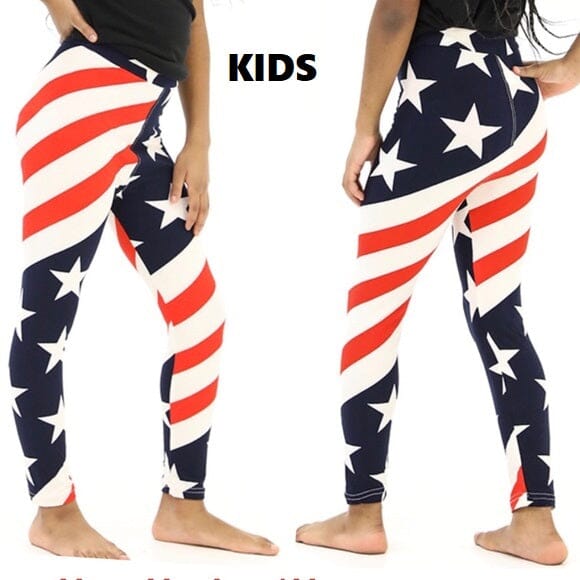 Girls Leggings | American Flag Leggings | Kids Yoga Pants | Footless Tights | No-Roll Waistband