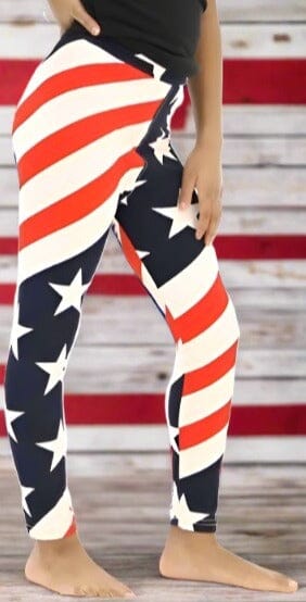 Girls 4th of July American Flag Leggings Kids Yoga Pants Red/White/Blue Sizes S/L Leggings MomMe and More 