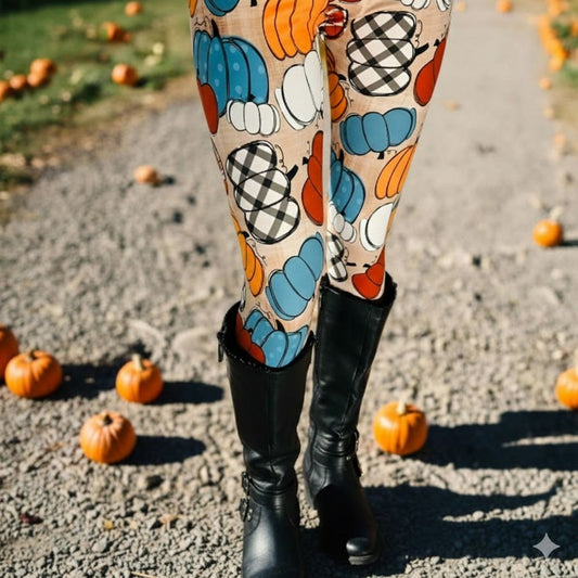 Womens Fall Pumpkin Leggings - Lux Signature Leggings - High Waisted - Buttery Soft - Orange/Multi Leggings MomMe and More S Orange/Multi Yoga Waist