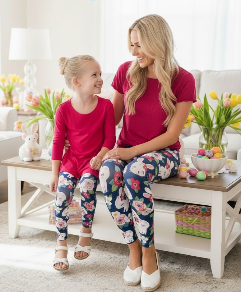 Girls Easter Leggings _ High Waisted - Buttery Soft Yoga Pants - Blue/Pink Leggings MomMe and More 