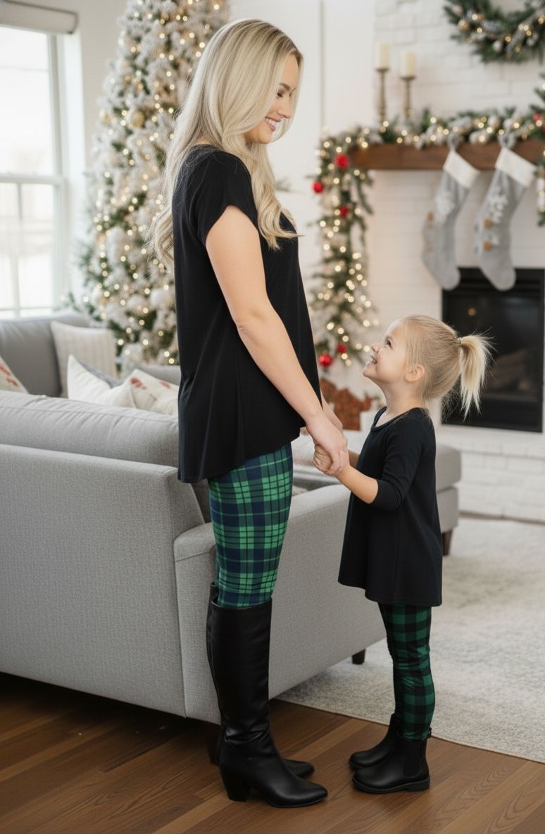 Girls Christmas Green Plaid Leggings - High Waisted - Buttery Soft Yoga Pants - Green/Blue Leggings MomMe and More 