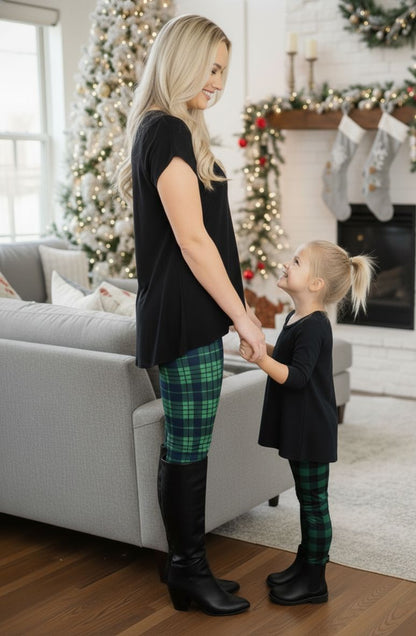 Girls Christmas Green Plaid Leggings - High Waisted - Buttery Soft Yoga Pants - Green/Blue Leggings MomMe and More 