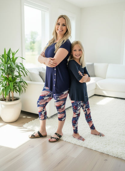 Womens American Flag Capri Leggings, Soft Yoga Pants, Red/White/Blue, Sizes OS/TC Exclusive Leggings Leggings MomMe and More 