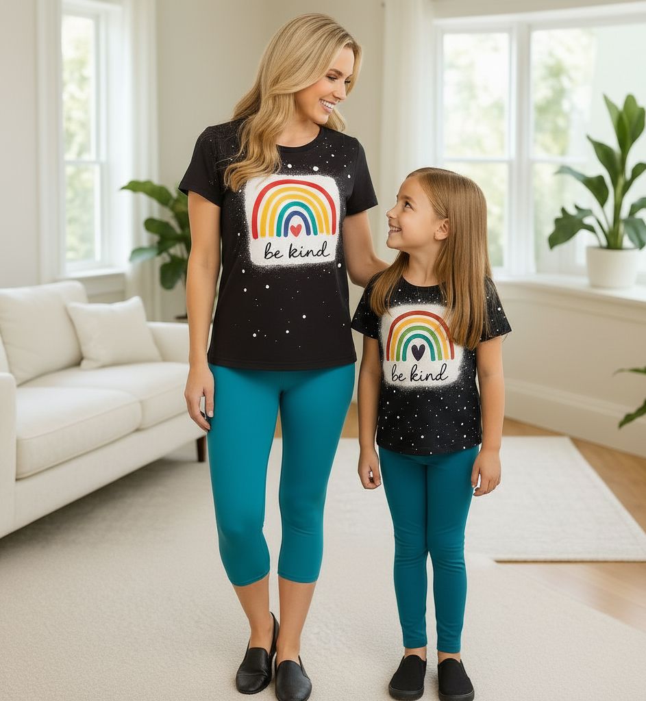 Mom & Me Matching Tops - Short Sleeves - Be Kind Rainbow - Black/Multi Tops MomMe and More Child S Black 