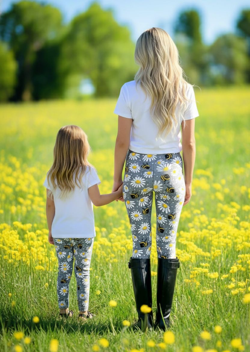 Womens Bee Daisy Leggings - High Waisted - Buttery Soft - Grey/Yellow Leggings MomMe and More 