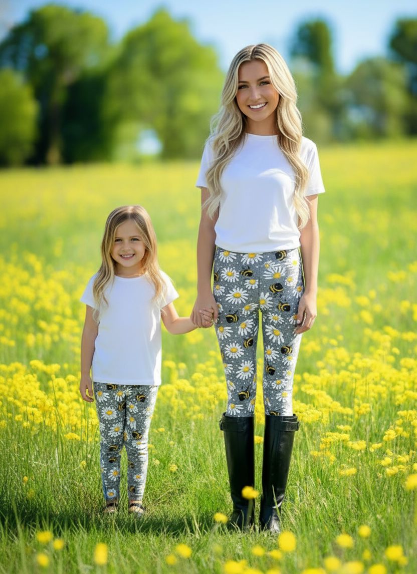 Womens Bee Daisy Leggings - High Waisted - Buttery Soft - Grey/Yellow Leggings MomMe and More 