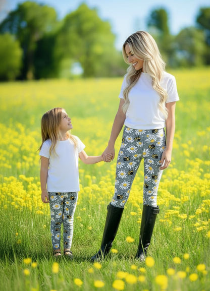 Womens Bee Daisy Leggings - High Waisted - Buttery Soft - Grey/Yellow Leggings MomMe and More 