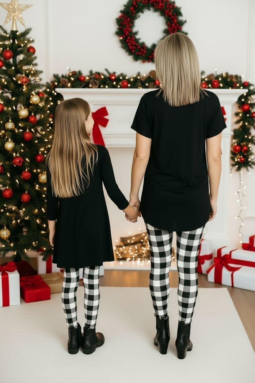Womens Christmas Plaid Leggings - High Waisted - Buttery Soft - Black/White Leggings MomMe and More 
