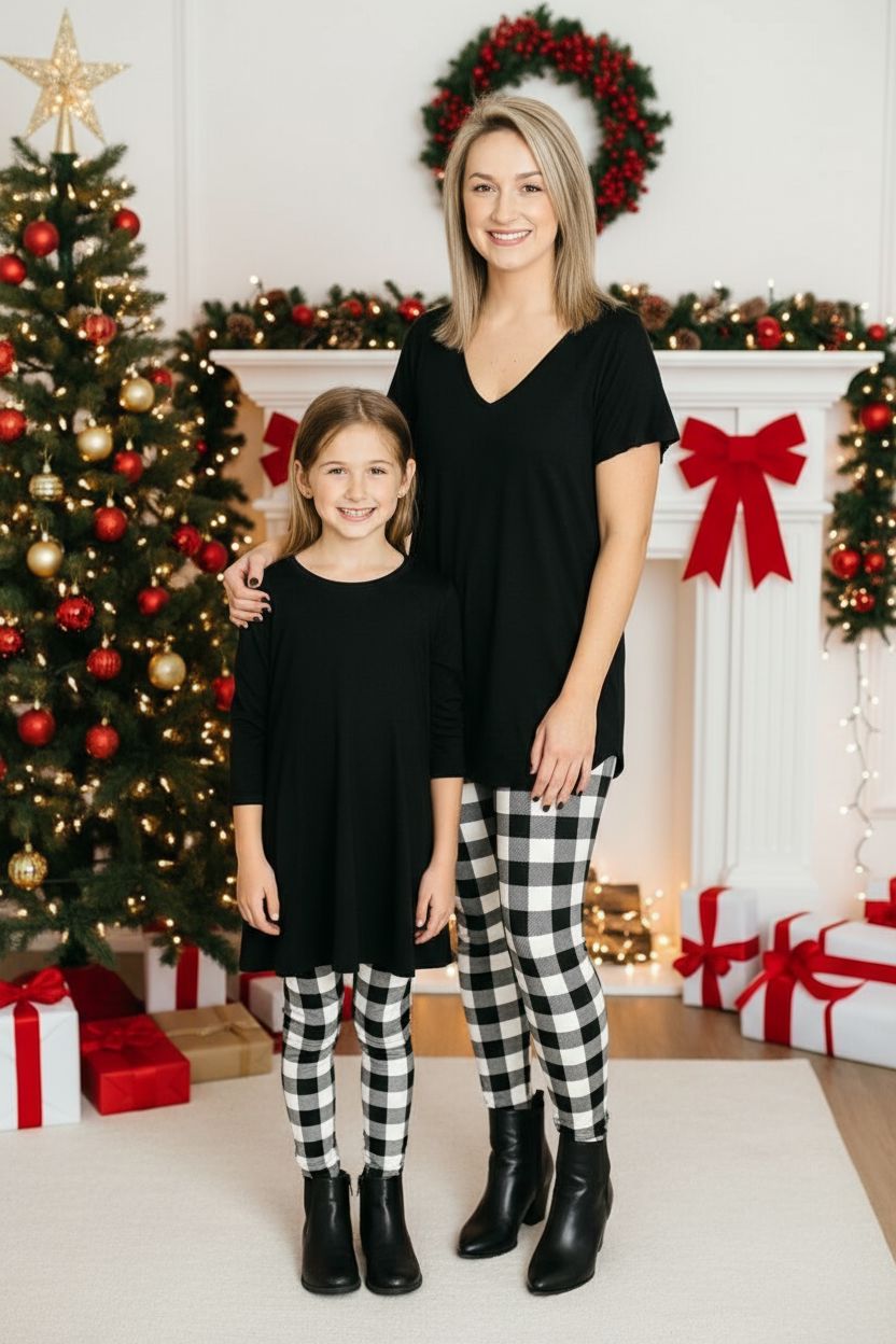 Womens Christmas Plaid Leggings - High Waisted - Buttery Soft - Black/White Leggings MomMe and More 