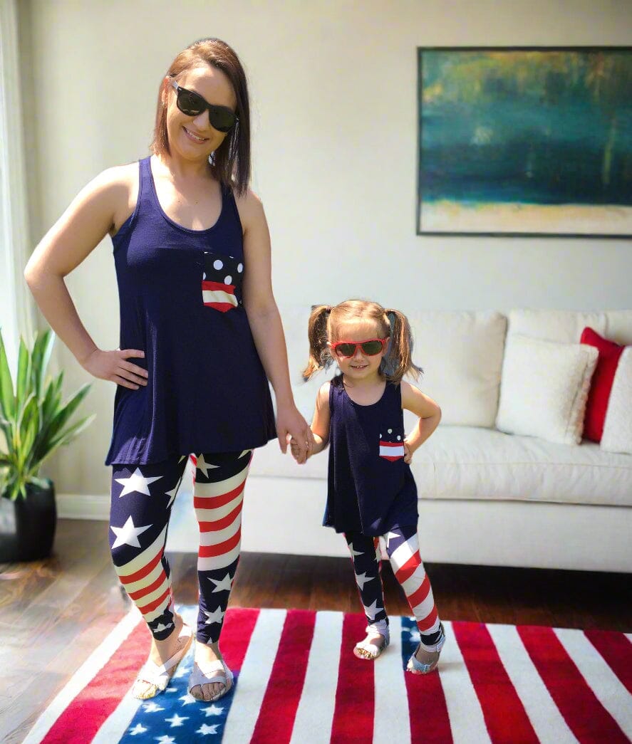 Girls American Flag Leggings, 4th of July Patriotic USA Leggings, Kids Yoga Pants, Sizes S/L, No-Roll Waist, Red/White/Blue Leggings MomMe and More 