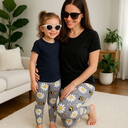 Womens Bee Leggings - High Waisted - Buttery Soft - Grey/Yellow Leggings MomMe and More 