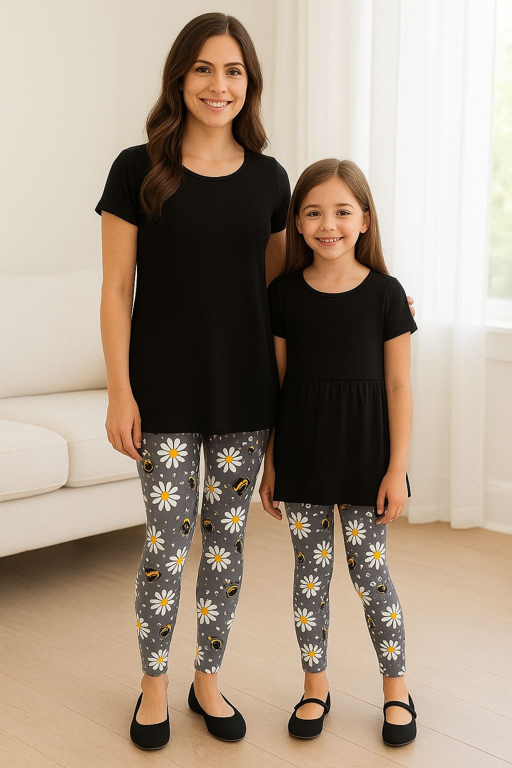 Womens Bee Daisy Leggings - High Waisted - Buttery Soft - Grey/Yellow Leggings MomMe and More 