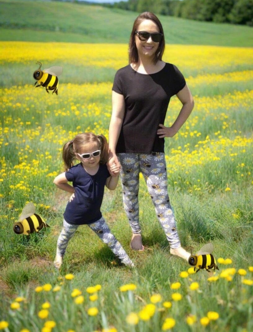 Womens Daisy Bee Leggings, Soft Yoga Pants, Sizes 0-22, No-Roll Waist, Gray/Yellow Leggings MomMe and More 