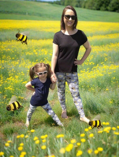 Womens Daisy Bee Leggings, Soft Yoga Pants, Sizes 0-22, No-Roll Waist, Gray/Yellow Leggings MomMe and More 