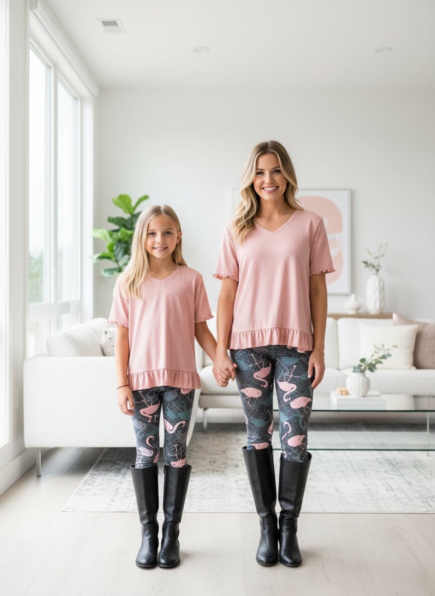 Womens Plus Pink Flamingo Leggings - High Waisted - Luxury Soft Yoga Pants - Gray/Pink Leggings MomMe and More 