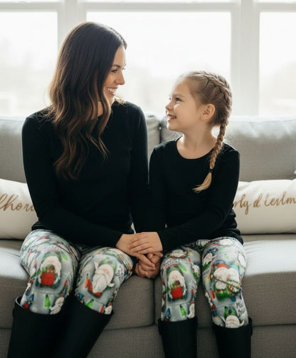 Girls Christmas Gnome Leggings - High Waisted - Buttery Soft - HO HO HO Holiday Lights - Green/Red Leggings MomMe and More 