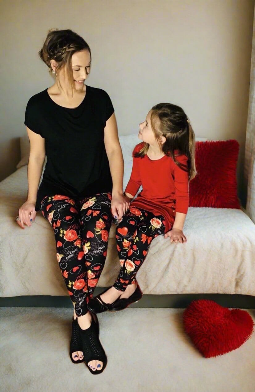 Girls Valentines Day Heart Leggings, Kids Yoga Pants, Sizes S/L, No-Roll Waist, Black/Red Leggings MomMe and More 