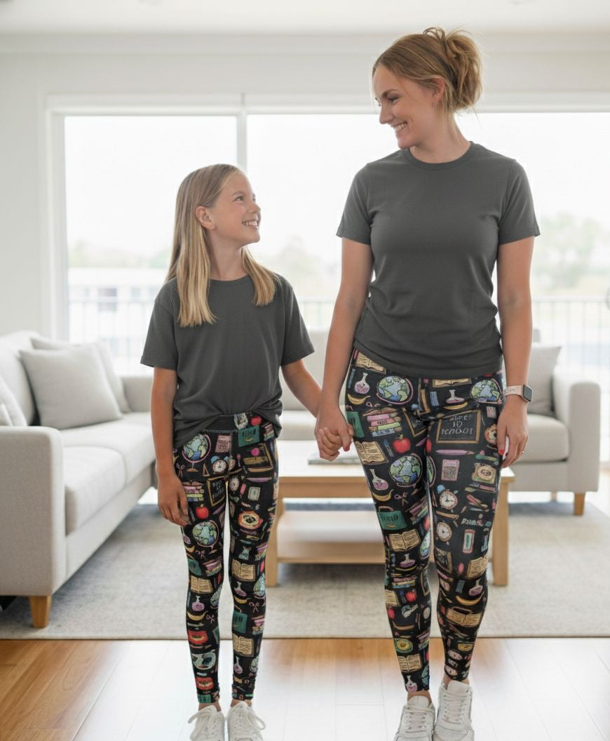 Womens School Teacher Leggings - High Waisted - Buttery Soft - Yoga Pants - Gray/Multi Leggings MomMe and More 