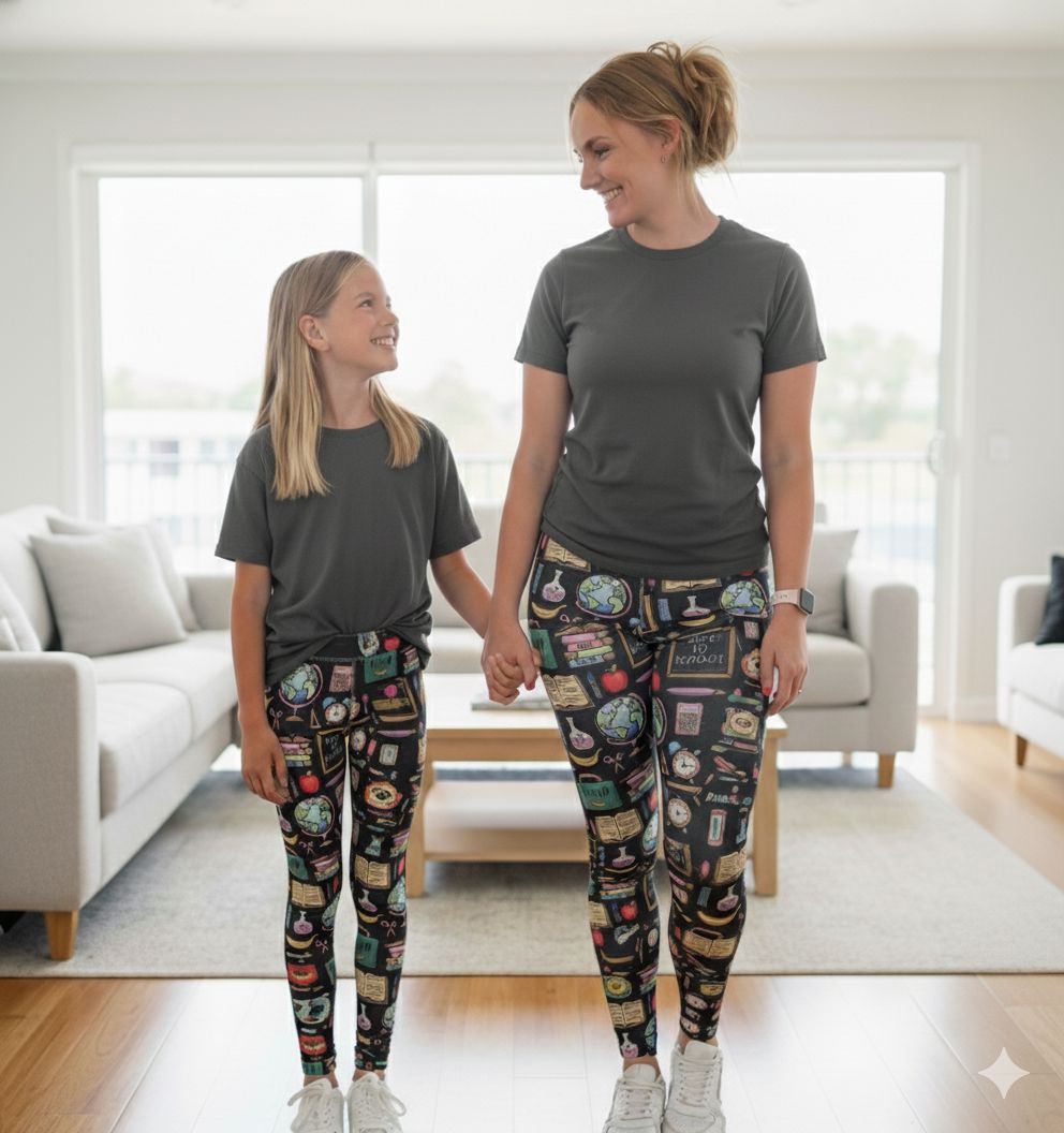 Girls School Leggings - High Waisted - Buttery Soft - Gray/Multi Leggings MomMe and More 