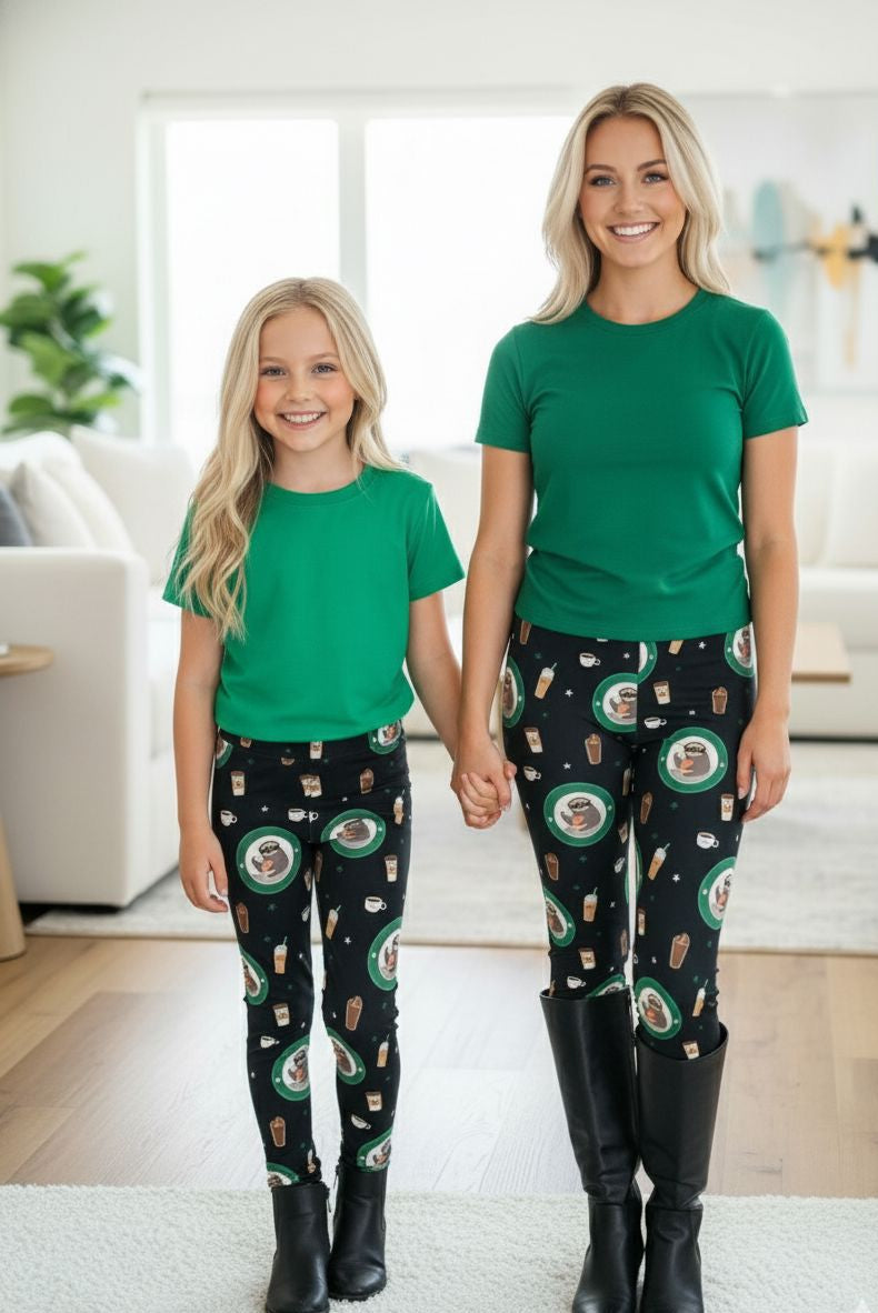Girls Sloth Coffee Leggings - High Waisted - Buttery Soft - Black/Green Leggings MomMe and More 