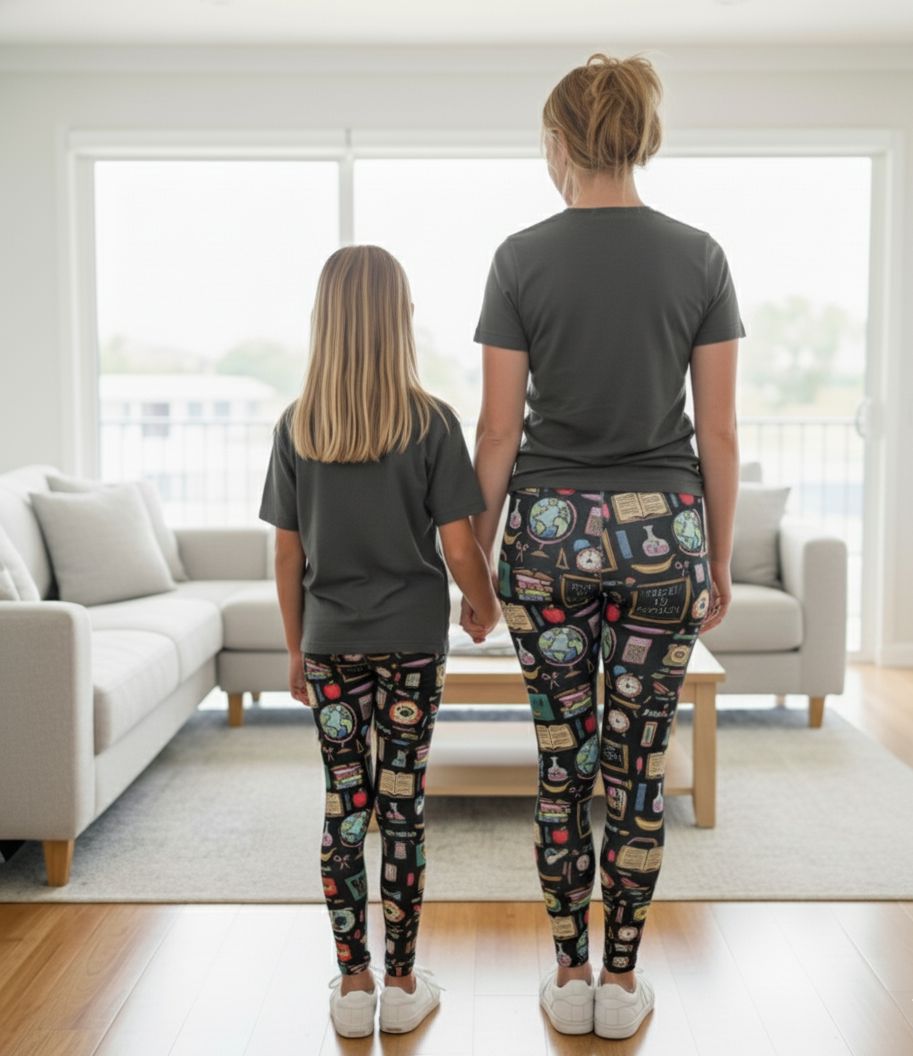 Girls School Theme Leggings - High Waisted - Buttery Soft - Yoga Pants For Kids - Gray/Multi Leggings MomMe and More 