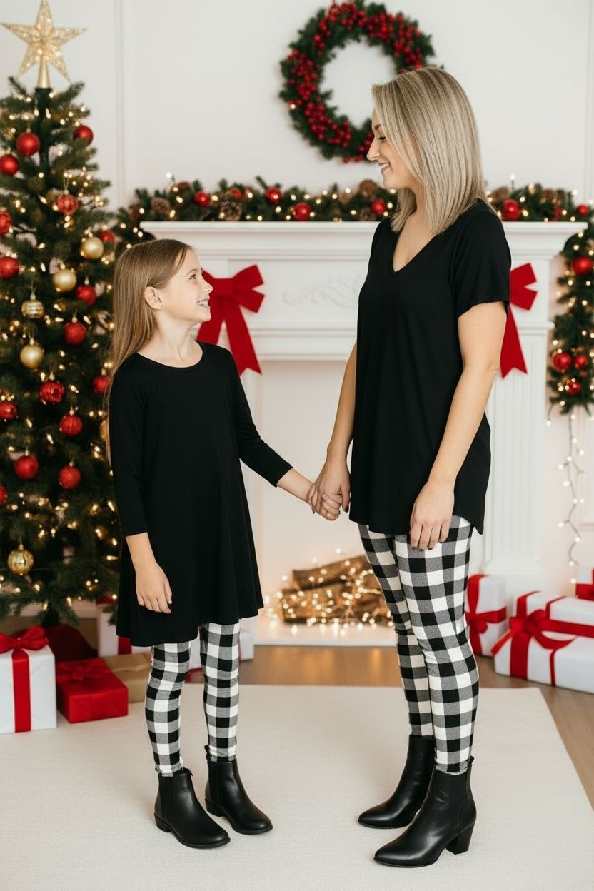 Womens Christmas Plaid Leggings - High Waisted - Buttery Soft - Black/White Leggings MomMe and More 