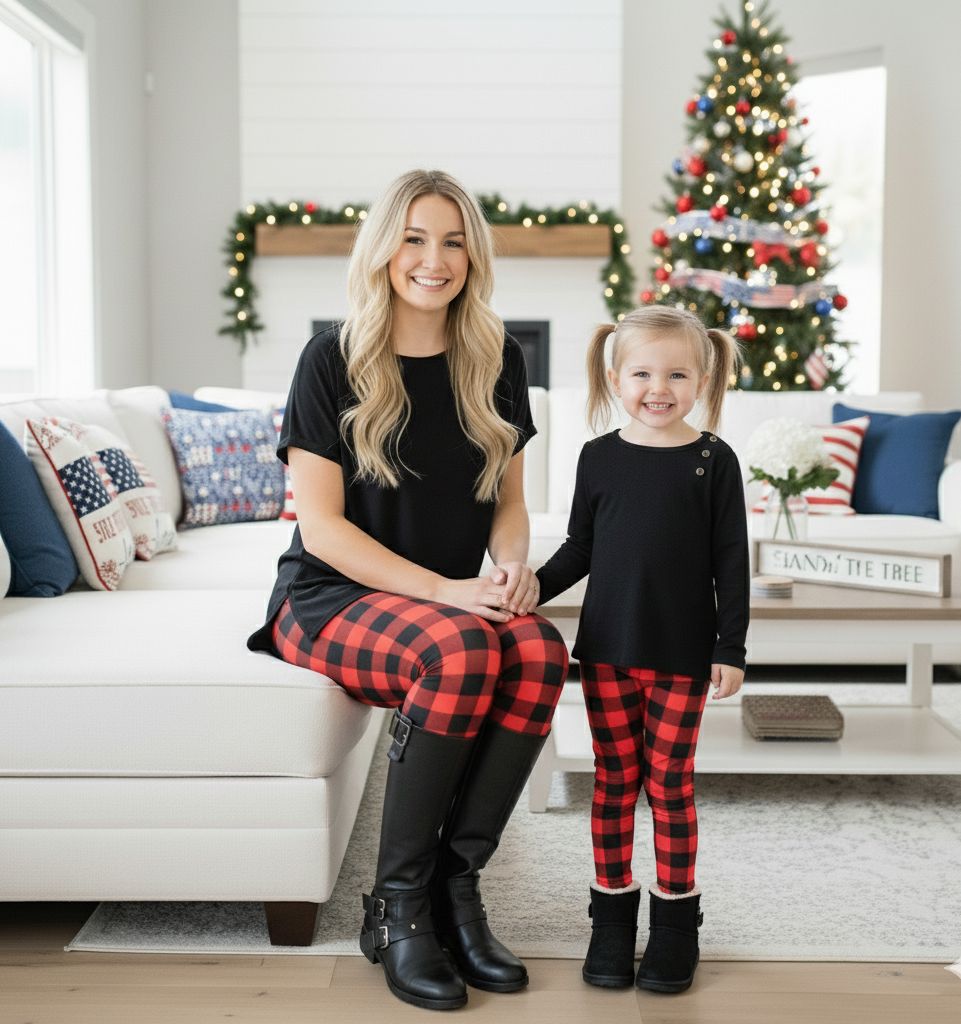 Girls Red Plaid Christmas Leggings - High Waisted - Buttery Soft - Red/Black Leggings MomMe and More 
