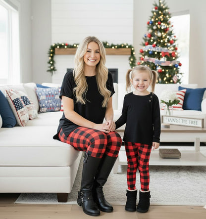 Girls Red Plaid Christmas Leggings - High Waisted - Buttery Soft - Red/Black Leggings MomMe and More 