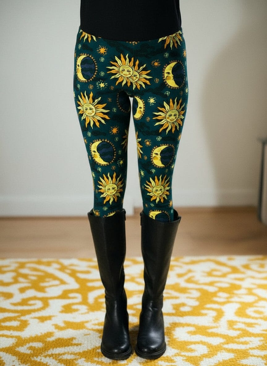 Womens Sun Moon Star Leggings - High Waisted - Buttery Soft - Blue/Yellow Leggings MomMe and More 