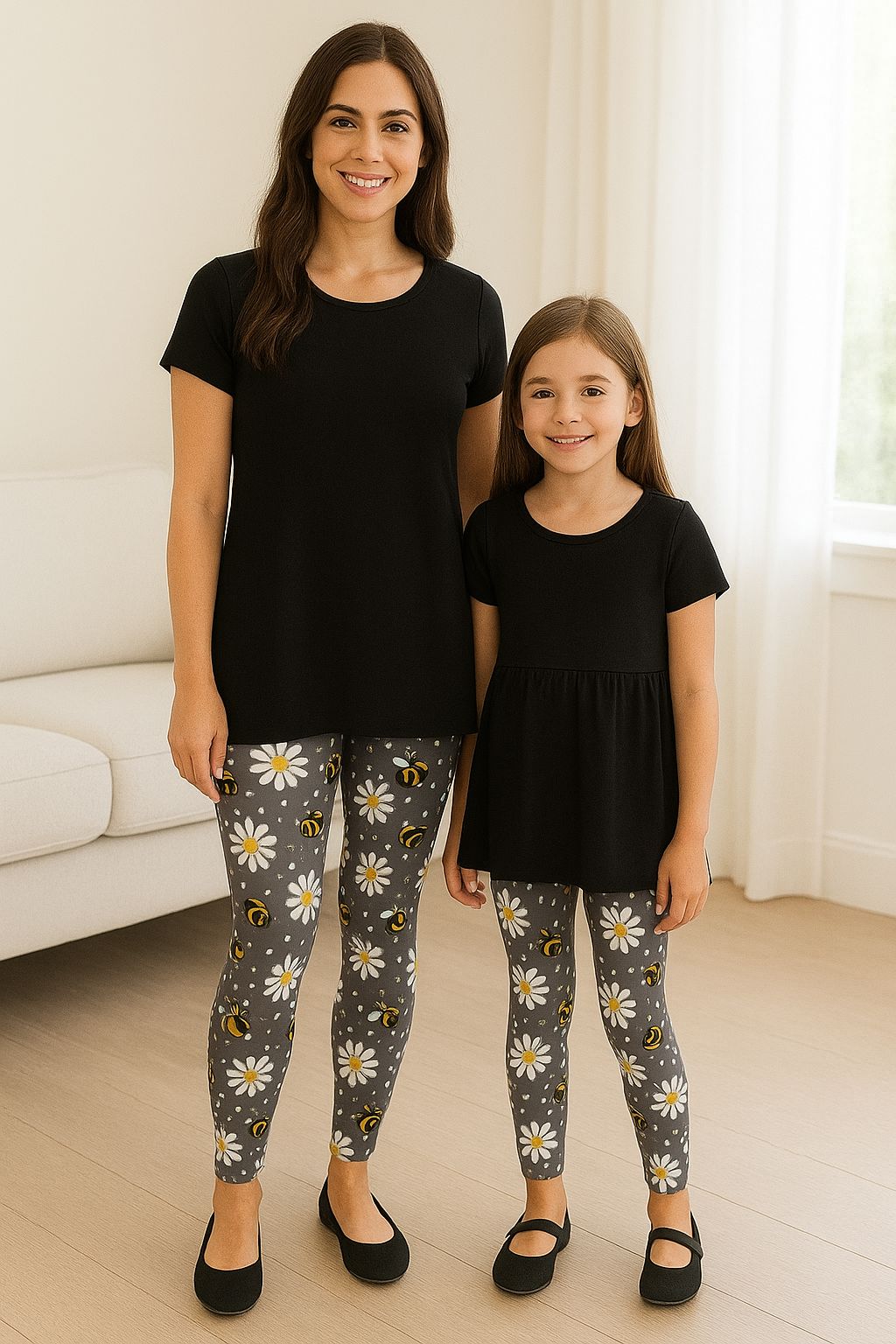 Girls Bee Daisy Leggings - High Waisted - Buttery Soft - Gray/Yellow Leggings MomMe and More 