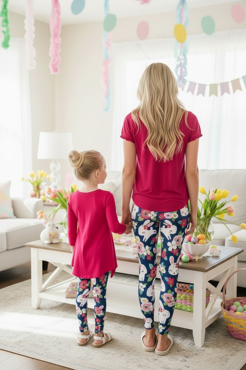 Girls Easter Leggings _ High Waisted - Buttery Soft - Blue/Pink Leggings MomMe and More 