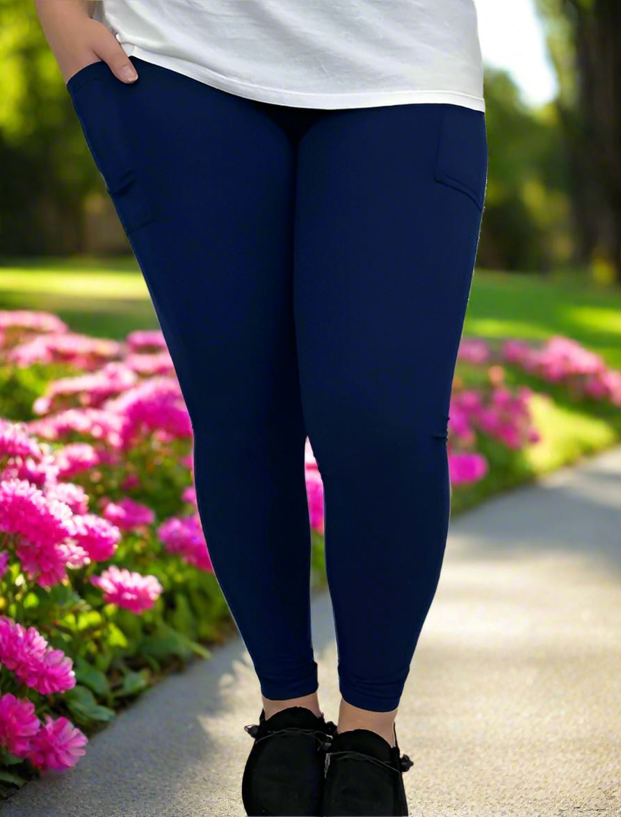 Womens Navy Blue Pocket Leggings, Soft Yoga Pants, Sizes OS/TC, Yoga Waist, Exclusive Leggings Leggings MomMe and More 
