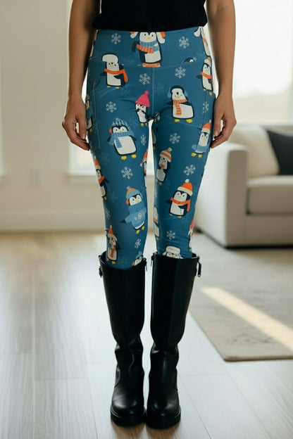 Womens Christmas Penguin Leggings - High Waisted - Luxury Soft Yoga Pants - Blue/Multi Leggings MomMe and More 