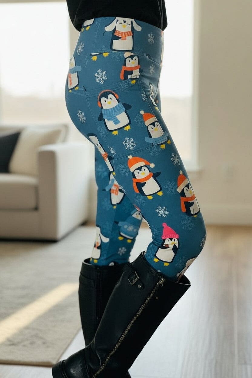 Womens Christmas Penguin Leggings - High Waisted - Side Pockets - Luxury Soft Yoga Pants - Blue/Multi Leggings MomMe and More 