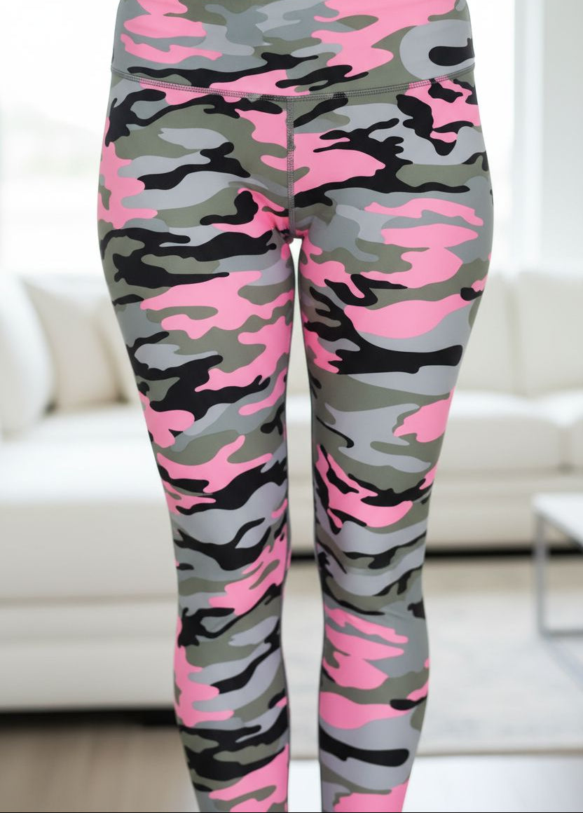 Womens Pink Camouflage Leggings - High Waisted - Buttery Soft - Pink/Gray Camo Leggings MomMe and More 