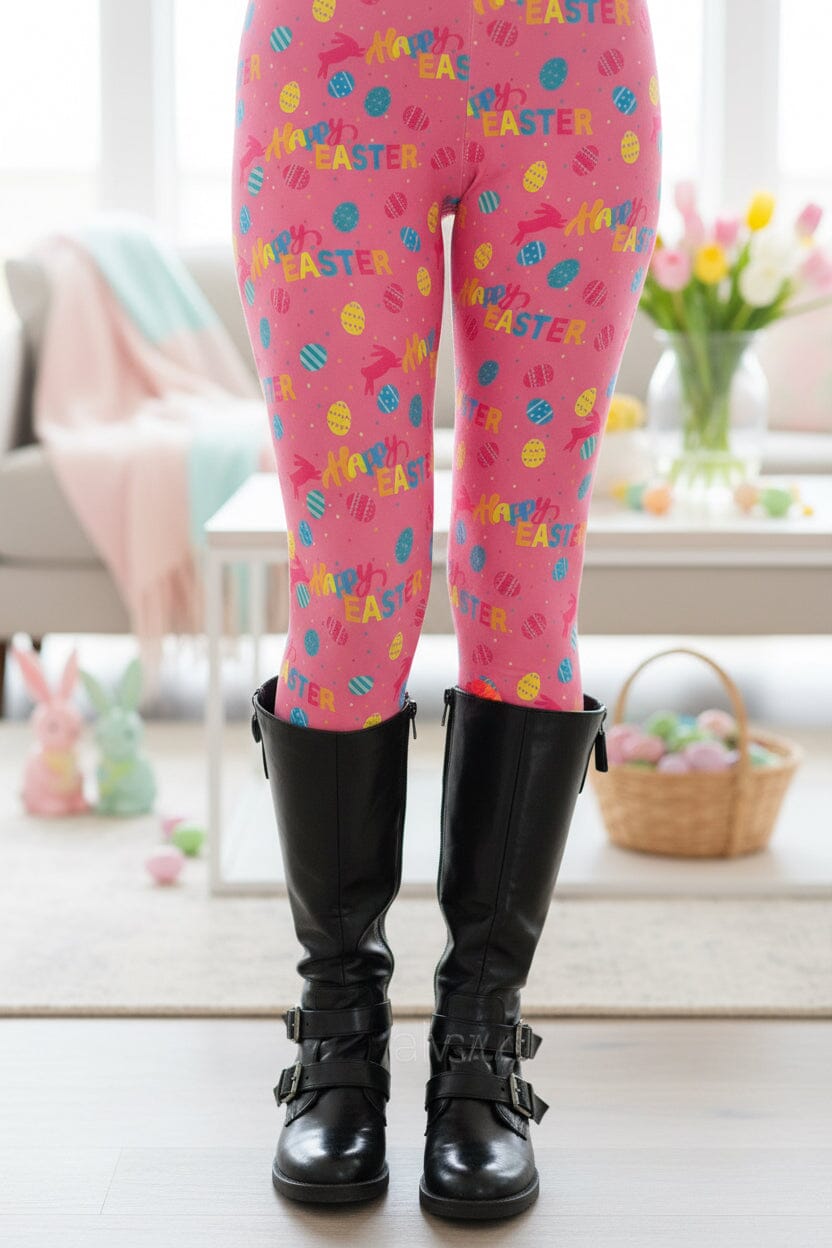 Womens Easter Leggings - High Waisted - Buttery Soft - Pink Leggings MomMe and More OS/0-12 Pink Yoga Waist