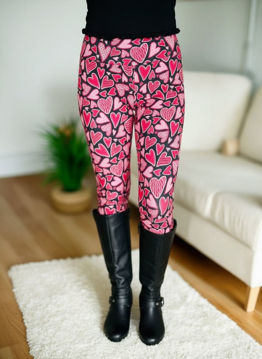 Womens Valentines Leggings - High Waisted - Buttery Soft - Signature Yoga Pants - Pink Hearts Leggings MomMe and More S Black/Pink Yoga Waist