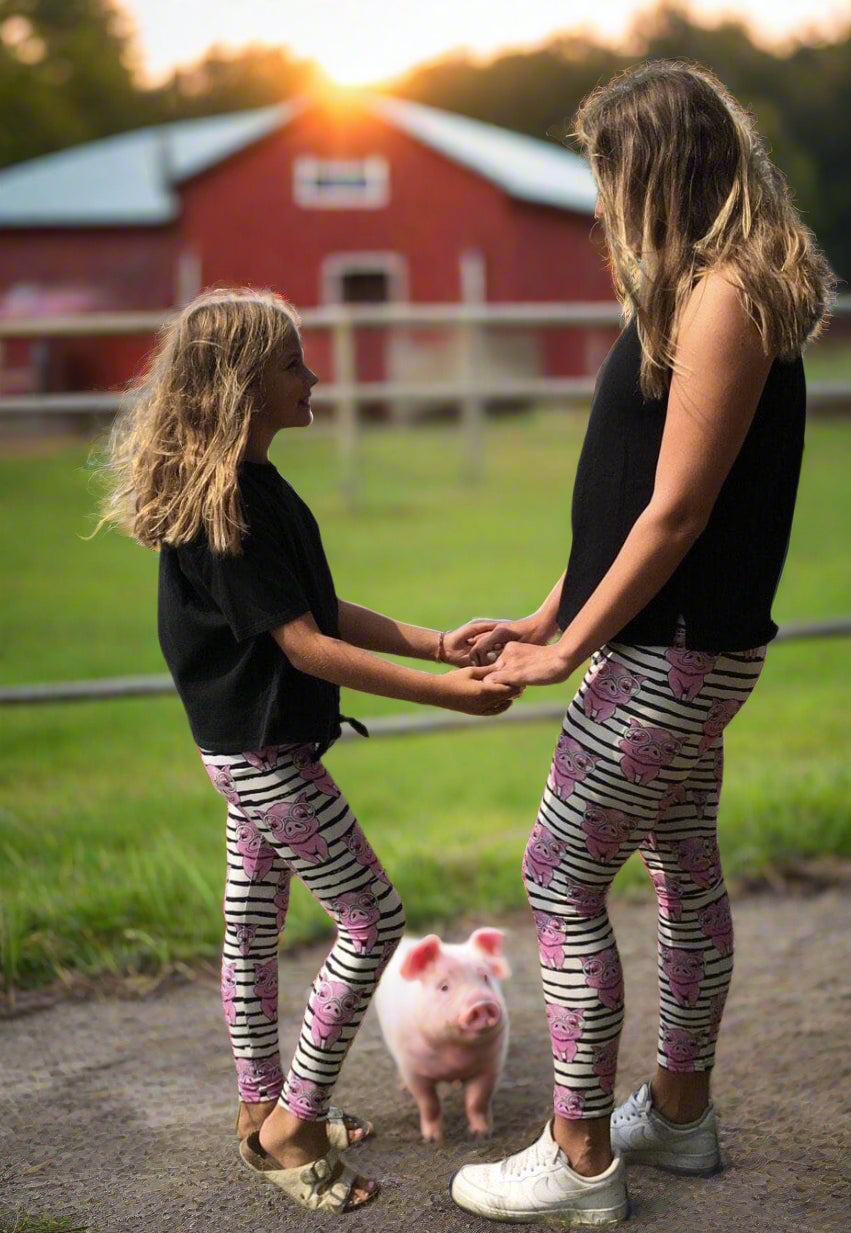 Girls Pig Leggings, Kids Yoga Pants, Sizes S/L, Yoga Waist, Pink/White/Black, Exclusive Leggings Leggings MomMe and More 