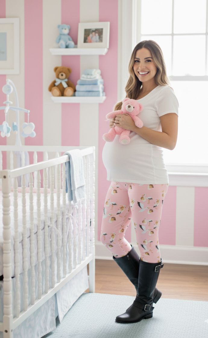 Womens Pink Stork Leggings - High Waisted - Buttery Soft - Baby Girl - Pink Leggings MomMe and More 