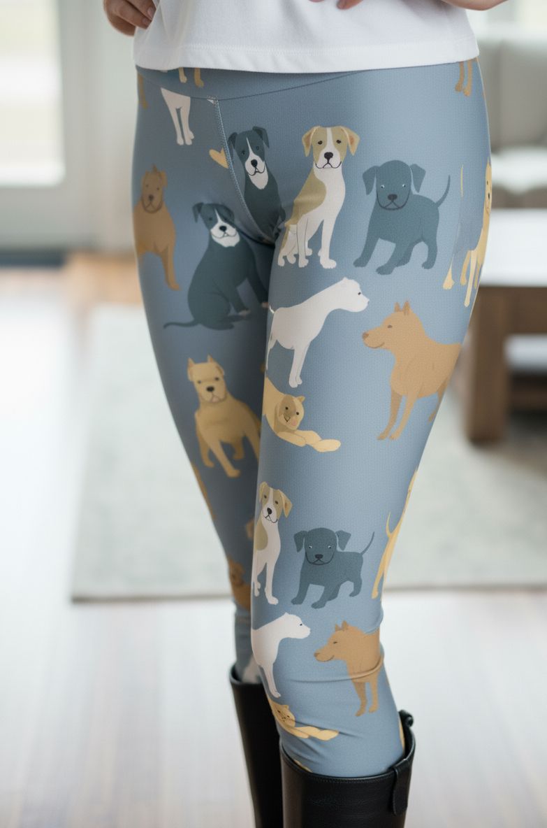 Womens Dog Printed Leggings - High Waisted - Buttery Soft - Pit Bull Dogs - Blue/Tan Leggings MomMe and More S Blue Yoga Waist