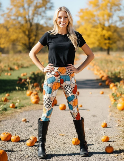 Womens Fall Pumpkin Leggings - Lux Signature Leggings - High Waisted - Buttery Soft - Orange/Multi Leggings MomMe and More 